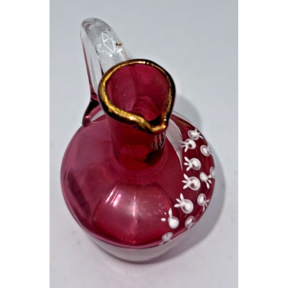 Vintage Victorian Cranberry Glass Jug W/Hand Painted White Flowers Gold Trim 7” - Picture 12 of 16